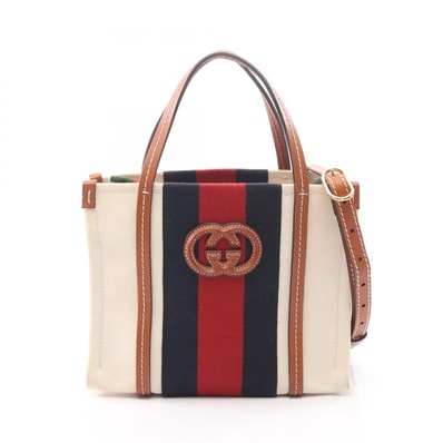 グッチ GUCCI インターロッキングG ミニ 2WAY トートバッグ バッグ キャンバス レザー レディース ホワイト系 / ブラウン系 / マルチカラー 727735 【中古】