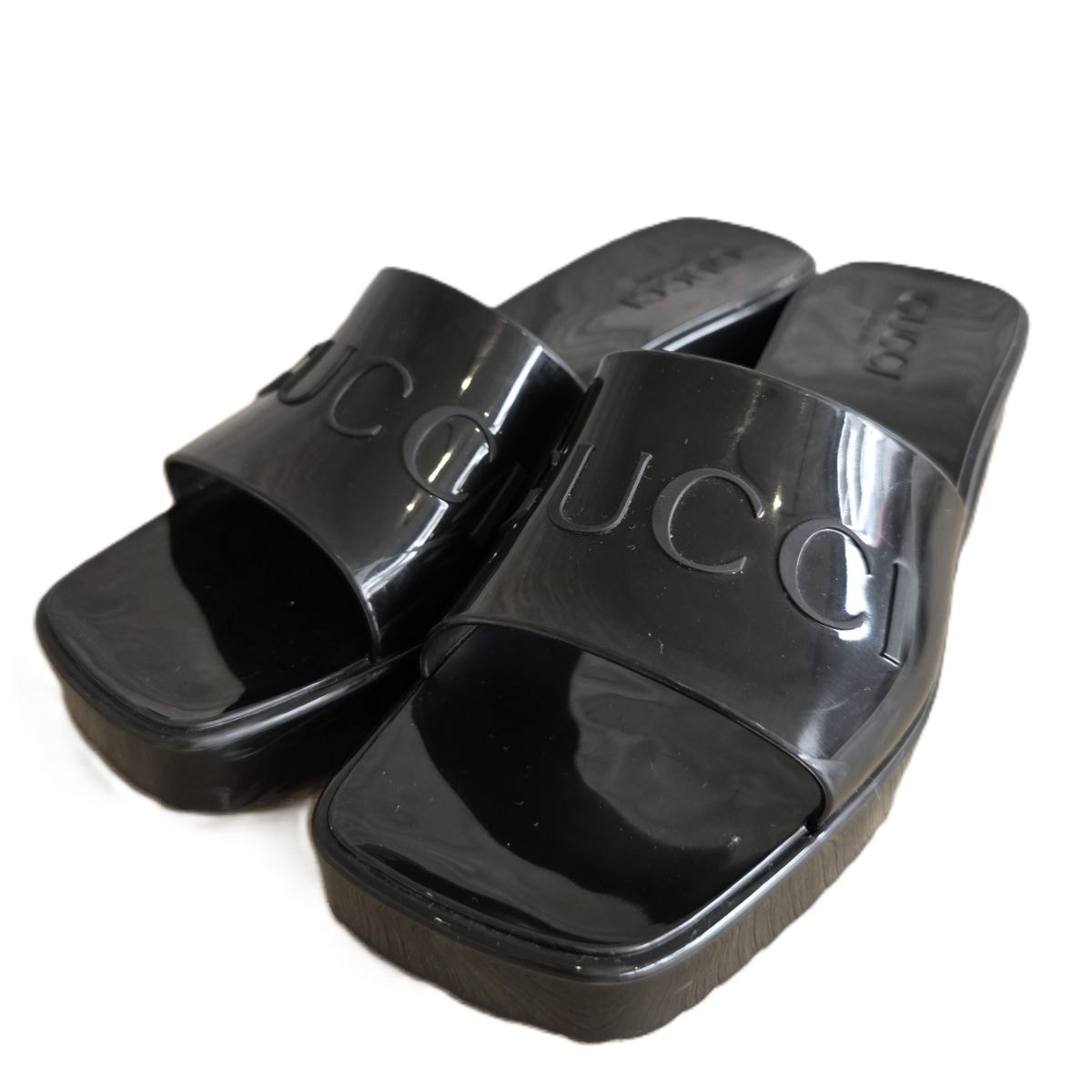 【値下げ】GUCCI グッチ ロゴ 刻印 ラバー スライド チャンキーヒール スクエアトゥ 21cm サンダル 624730 34 ラバー ブラック レディース【中古】