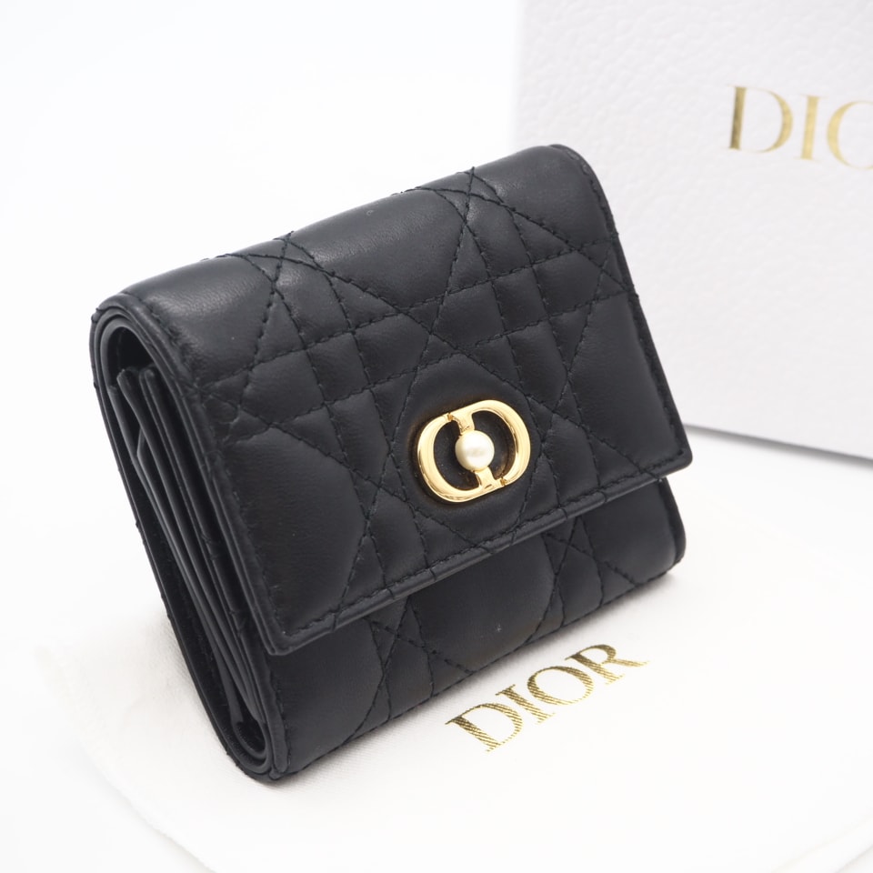 美品 Dior ディオール ラムスキン Dior Jolie Hibiscus ウォレット S3105UNJB 三つ折り財布 ブラック レザー レディース