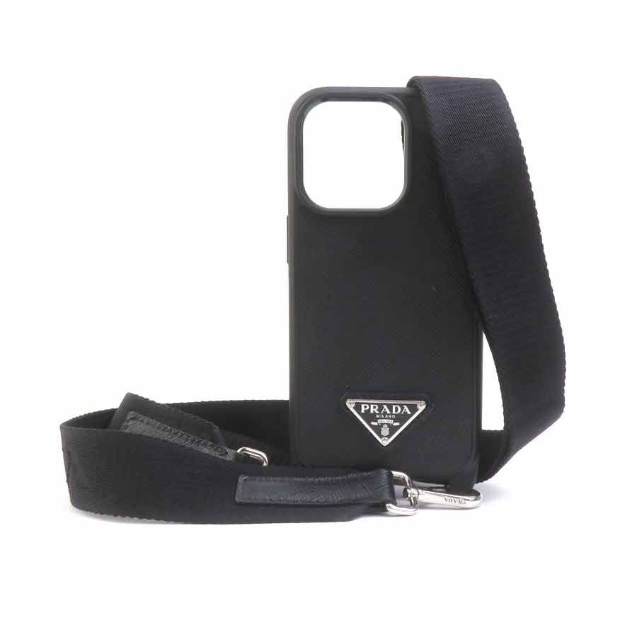 プラダ PRADA スマートフォンケース iPhone15 PROケース レザー ブラック ユニセックス【中古】 h32509k