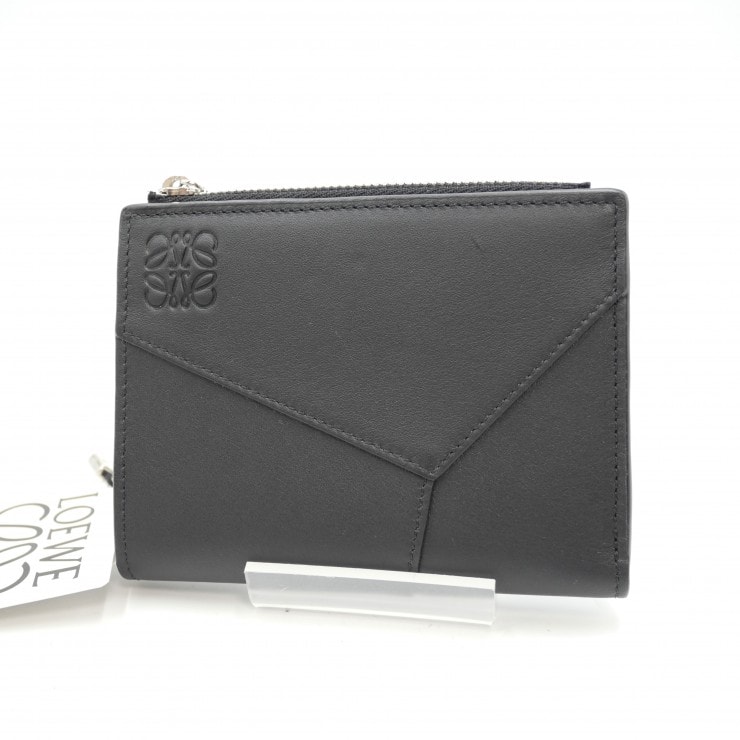 LOEWE(ロエベ)パズル スリム コンパクト ウォレット 二つ折り財布 ブラック レザー L字ファスナー コインケース アナグラム レディース メンズ 【中古】