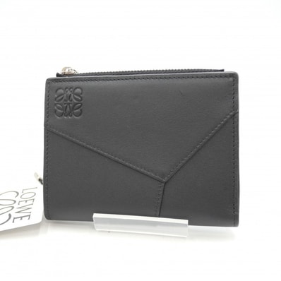 LOEWE(ロエベ)パズル スリム コンパクト ウォレット 二つ折り財布 ブラック レザー L字ファスナー コインケース アナグラム レディース メンズ 【中古】