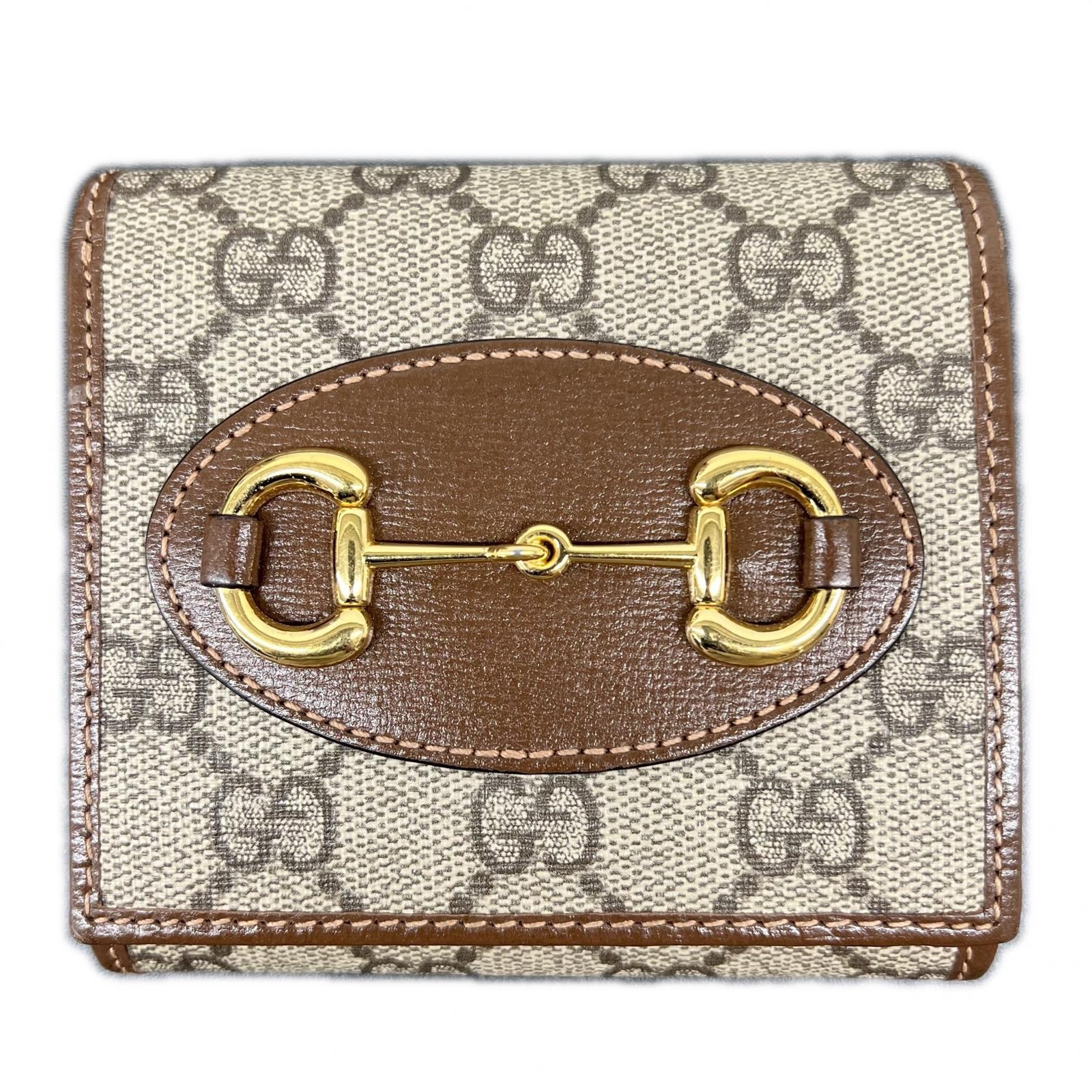 GUCCI 極美品 グッチ ホースビット 1955 GGスプリーム コインウォレット 二つ折り財布 621891 PVC レザー ベージュ ブラウン コンパクトウォレット GGプラス ミニウォレット Aランク 中古 鑑定済 グッチ財布