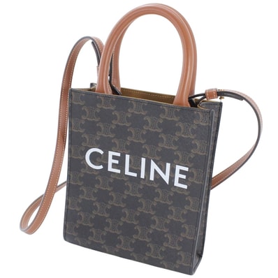 CELINE Mini Vertical Cabas In Triomphe Canvas and Calfskin With Celine Print "Tan"