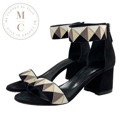 エルメス HERMES サンダル 靴 シューズ スエード ブラック ベージュ系 アンクルストラップ