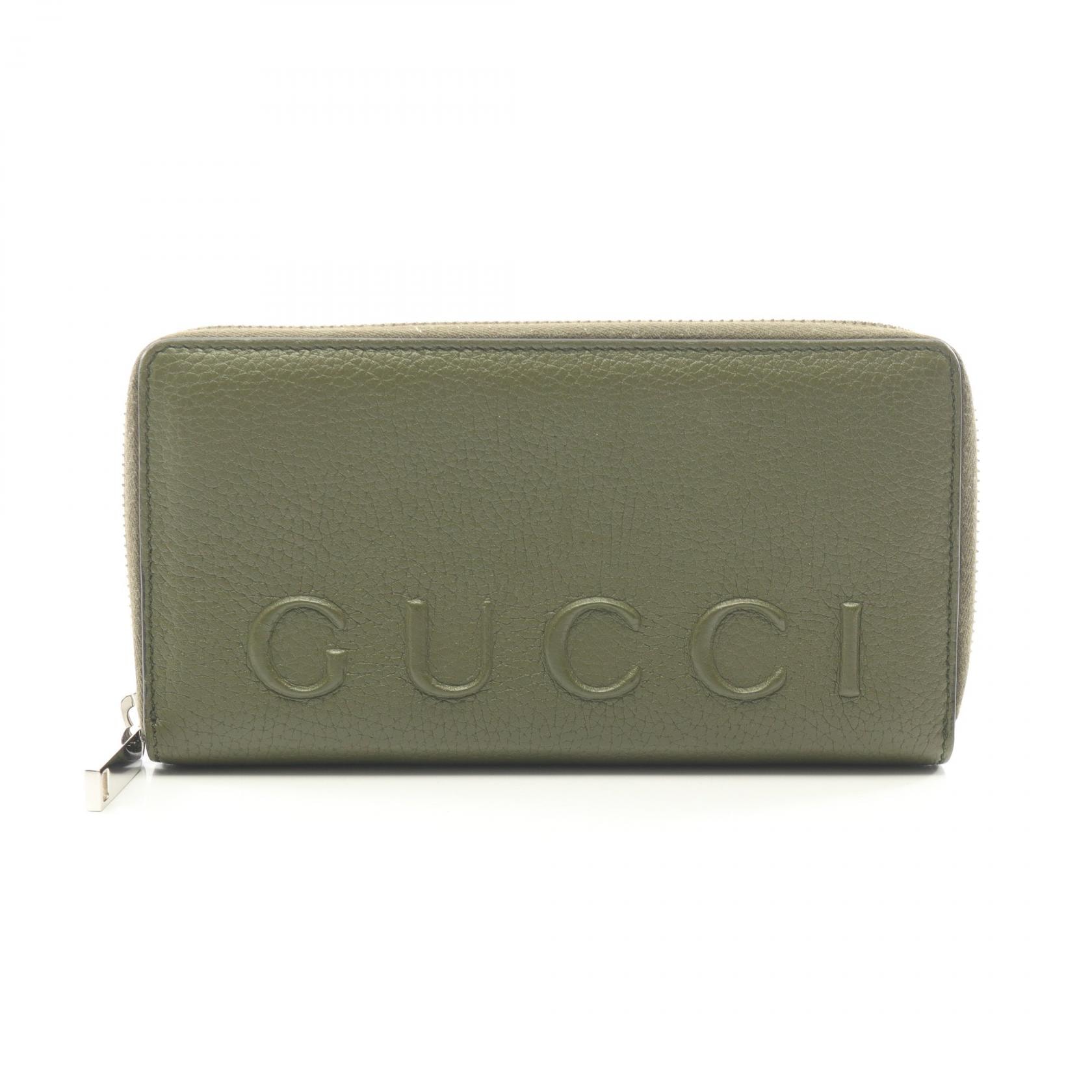 グッチ GUCCI ロゴ ラウンド長財布 財布 レザー メンズ カーキ系 835120 【中古】