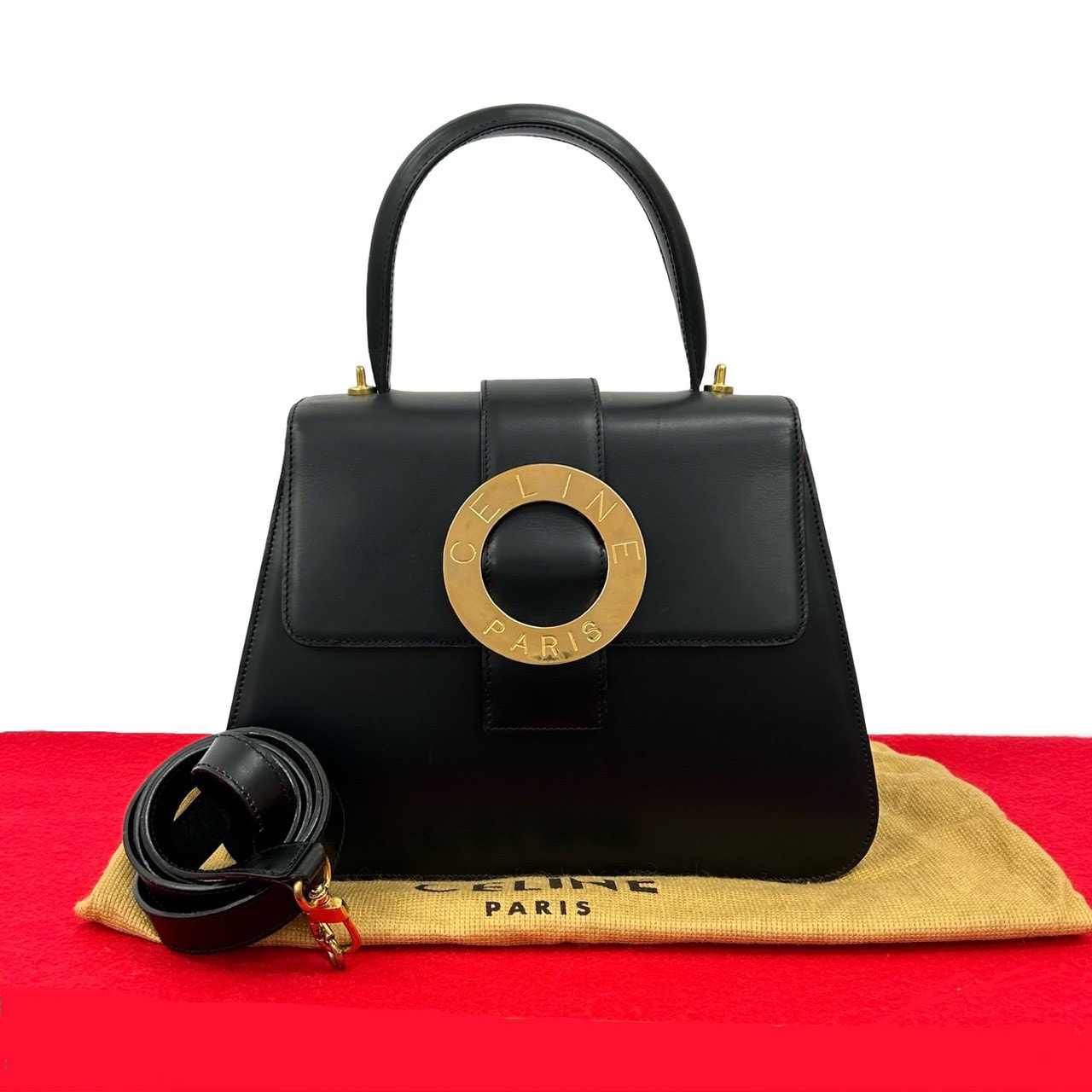 CELINE セリーヌ サークルロゴ 金具 2way カーフ レザー ショルダーバッグ ブラック
 23566