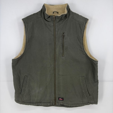 古着 ディッキーズ Dickies ベスト フルジップ ワーク 裏ボア 大きいサイズ ワンポイント ダック ロゴ 2XL グリーン系 メンズ