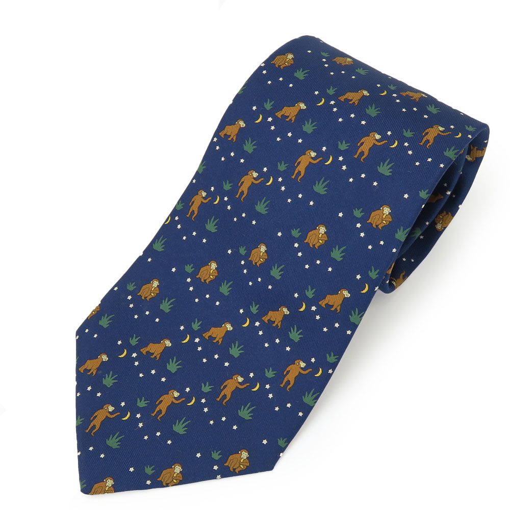 【中古】 エルメス ネクタイ サル 月 シルク ネイビー マルチカラー アニマル柄 スーツ ビジネス メンズ 男性 HERMES