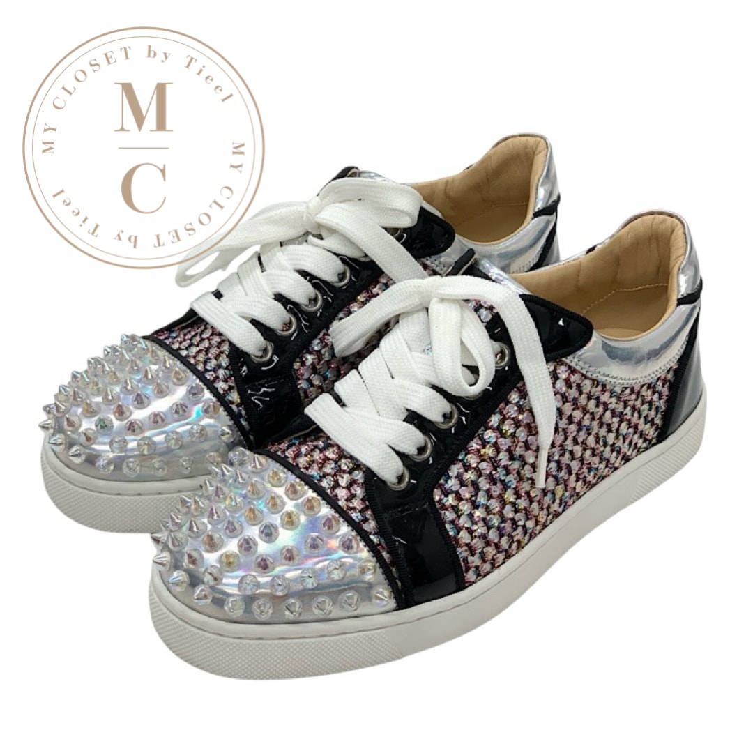 クリスチャンルブタン Christian Louboutin スニーカー 靴 シューズ パテント レザー グレー オーロラ ブラック スパイク スタッズ