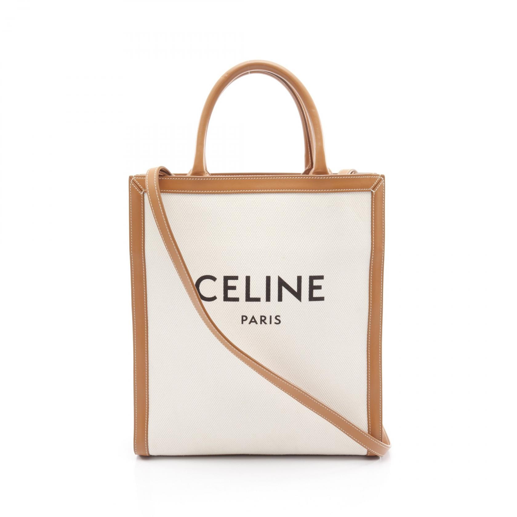 セリーヌ CELINE スモール バーティカル カバ トートバッグ バッグ キャンバス レザー レディース ホワイト系 / ブラウン系 192082BNZ 【中古】