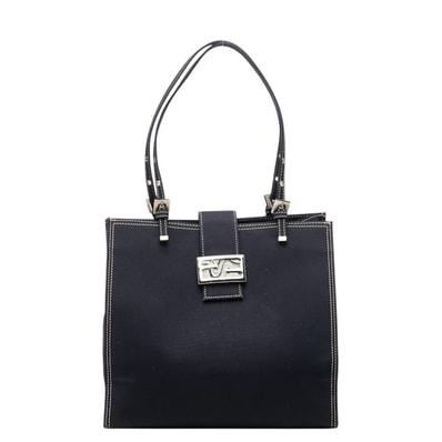 フェンディ FFロゴバックル トートバッグ ショルダーバッグ ネイビー キャンバス レディース FENDI 中古