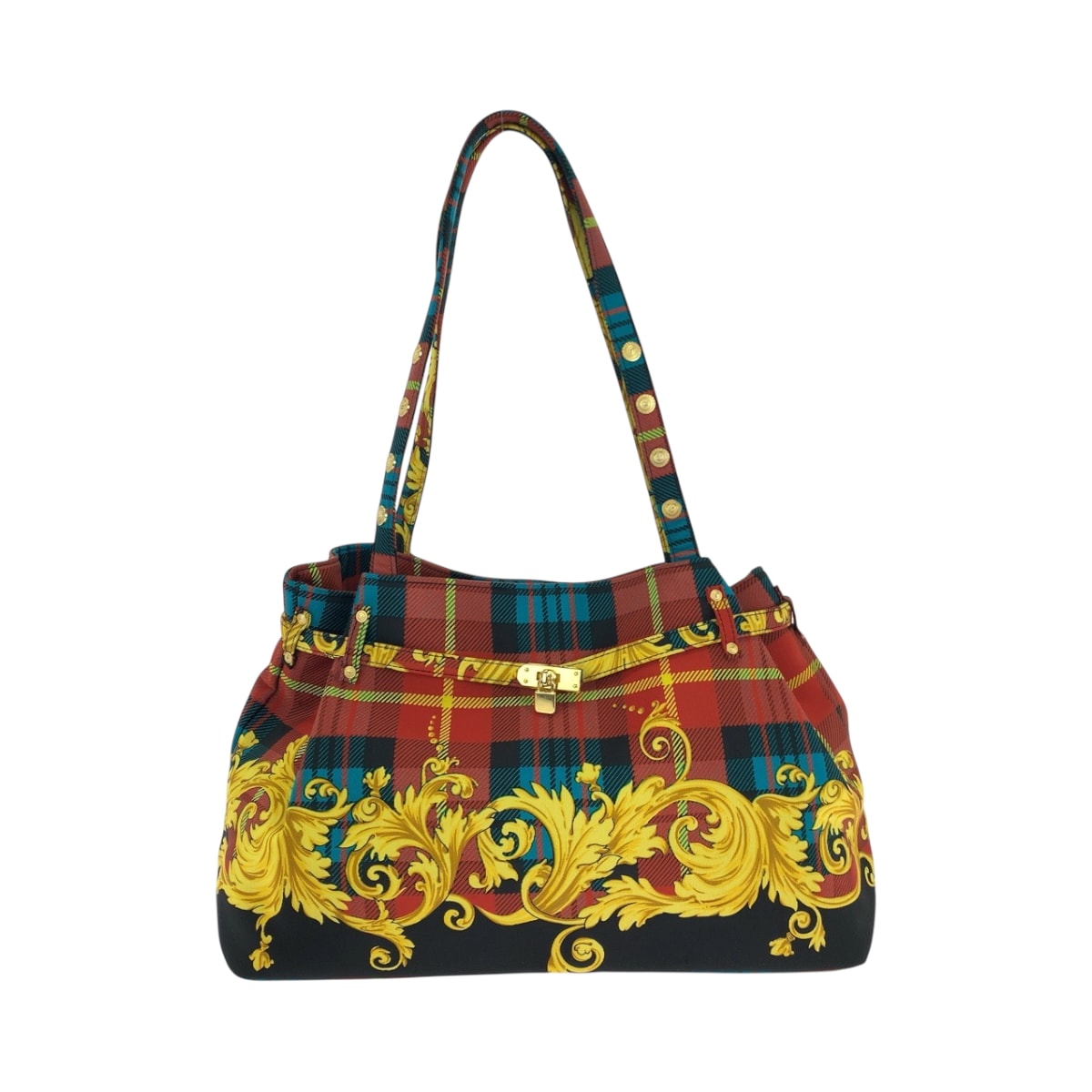 美品 VERSACE ヴェルサーチ ヴィンテージ バロック柄 マルチカラー ゴールド金具 コットン トートバッグ ショルダーバッグ 503751 【中古】