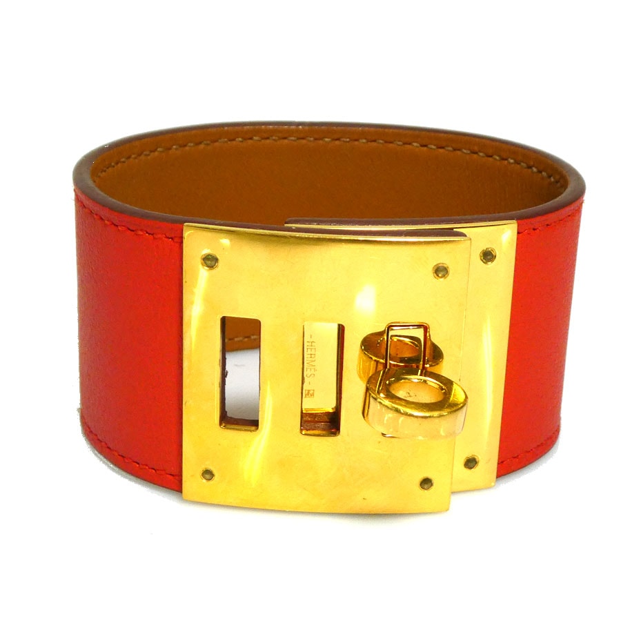 エルメス HERMES ブレスレット ケリー ドッグ レザー/メタル オレンジレッド/ゴールド レディース【中古】 e60389a