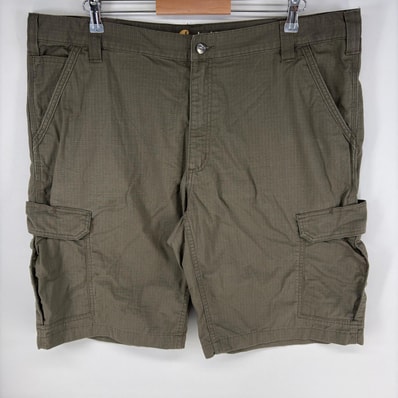 古着 カーハート Carhartt パンツ ワーク カーゴ ハーフ ショート ジップ ワンポイントロゴ リップストップ w42 ブラウン系 メンズ