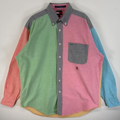 古着 90's/90年代 トミーヒルフィガー TOMMY HILFIGER 長袖シャツ クレイジーパターン ワンポイント ロゴ 刺繍 フラッグタグ M グリーン系 マルチカラー メンズ