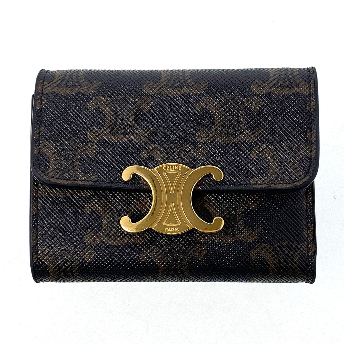 CELINE セリーヌ トリオンフ コンパクトウォレット 三つ折り財布 10I652 PVC ブラウン ゴールド金具 レディース【中古】