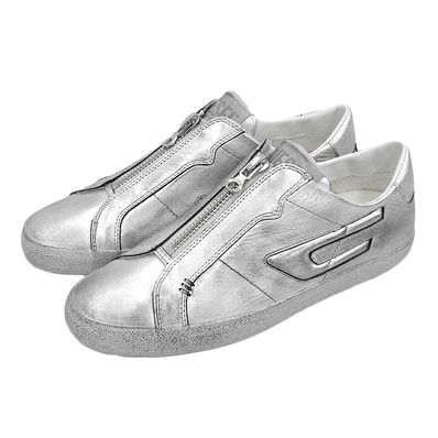 ディーゼル 美品 S-LEOROJI ZIP LOW レザー フロントジップ スニーカー シューズ メンズ シルバー 28.5cm 10.5(US)
