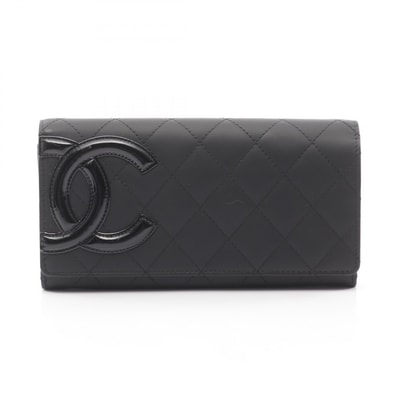 シャネル CHANEL カンボンライン 二つ折り長財布 財布 レザー パテントレザー レディース ブラック系 【中古】