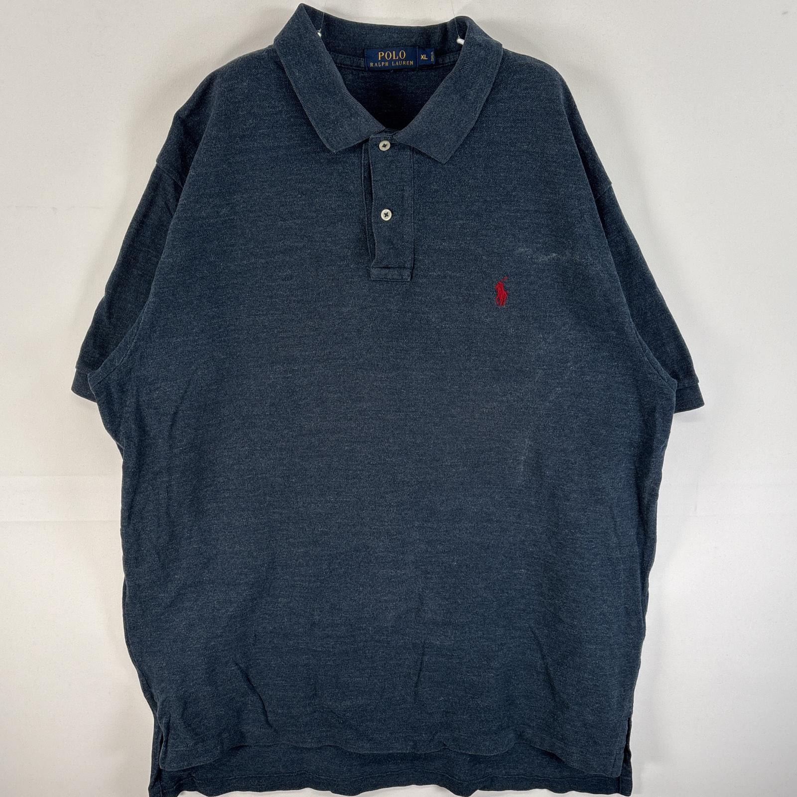 古着 ポロ・ラルフローレン POLO RALPH LAUREN 鹿の子 半袖 ポロシャツ ワンポイント ロゴ 刺繍 大きいサイズ 2ボタン XL  ネイビー系 無地 メンズ