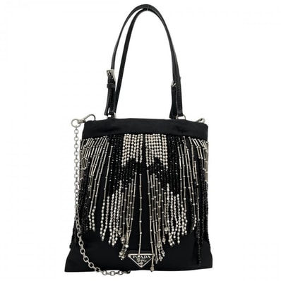 PRADA プラダ ショルダーバッグ ビーズフリンジ 斜め掛け ナイロン ビーズ ブラック 黒 シルバー金具 レディース【中古品】