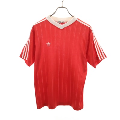adidas アディダス 90s オールド USA製 トレフォイルロゴ ストライプ柄 半袖 Vネック ゲーム シャツ S レッド