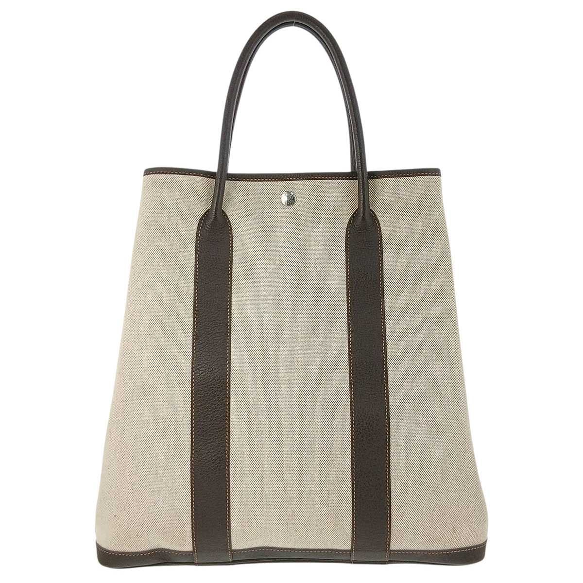 HERMES エルメス ガーデンファイルMM トートバッグ キャンバス レザー トワルアッシュ ベージュ エクリュ マロン □H[2004]刻印  レディース【中古】
