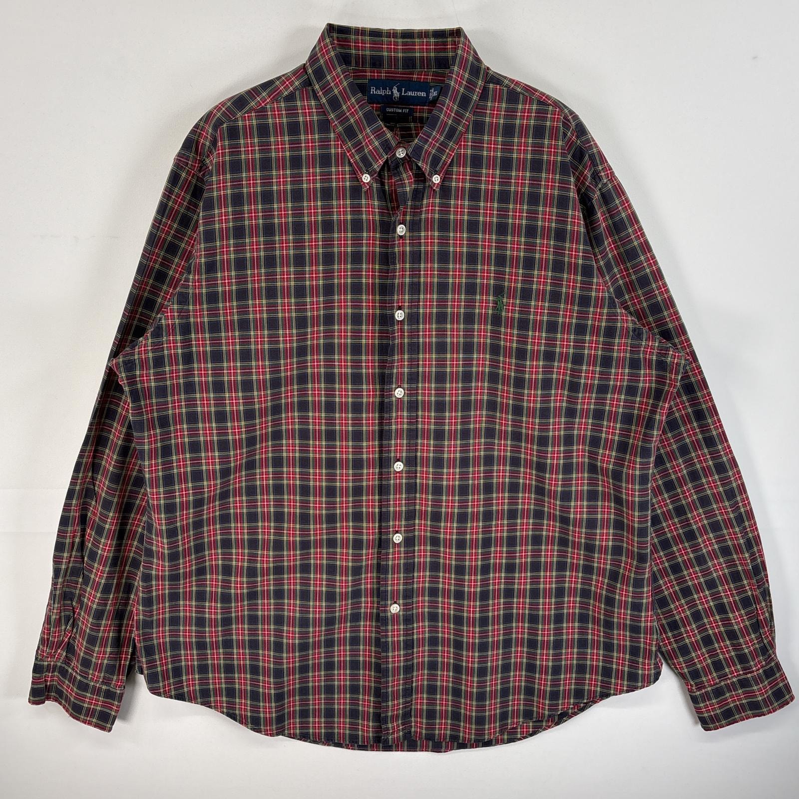 古着 90's/90年代 ラルフローレン RALPH LAUREN 長袖シャツ チェック ボタンダウンシャツ ロゴ 刺繍 XL  ブラック系 マルチカラー メンズ