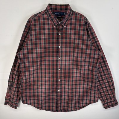 古着 90's/90年代 ラルフローレン RALPH LAUREN 長袖シャツ チェック ボタンダウンシャツ ロゴ 刺繍 XL ブラック系 マルチカラー メンズ