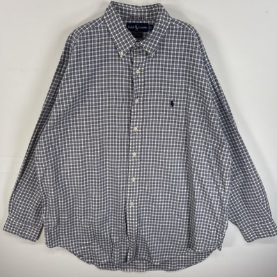 古着 90's/90年代 ラルフローレン RALPH LAUREN 長袖シャツ ボタンダウンシャツ ワンポイント ロゴ 刺繍 薄手 17 XL ネイビー系 チェック メンズ