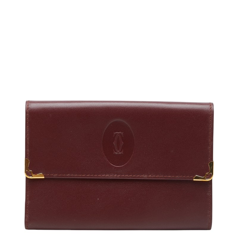 カルティエ マストライン 三つ折り財布 ボルドー ワインレッド レザー レディース CARTIER 【中古】