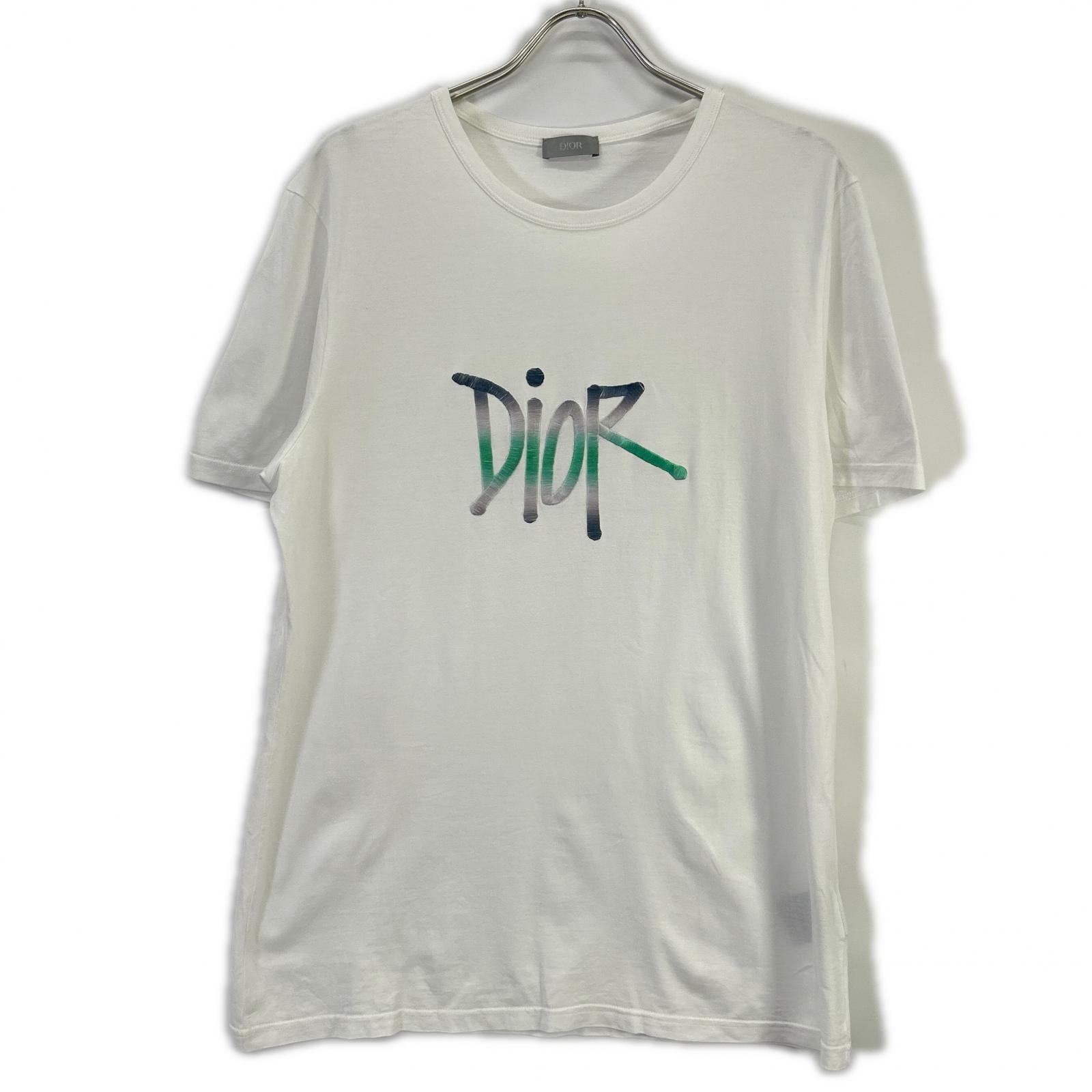 ディオール ×Shawn Stussy ホワイト ロゴ入り Tシャツ XL