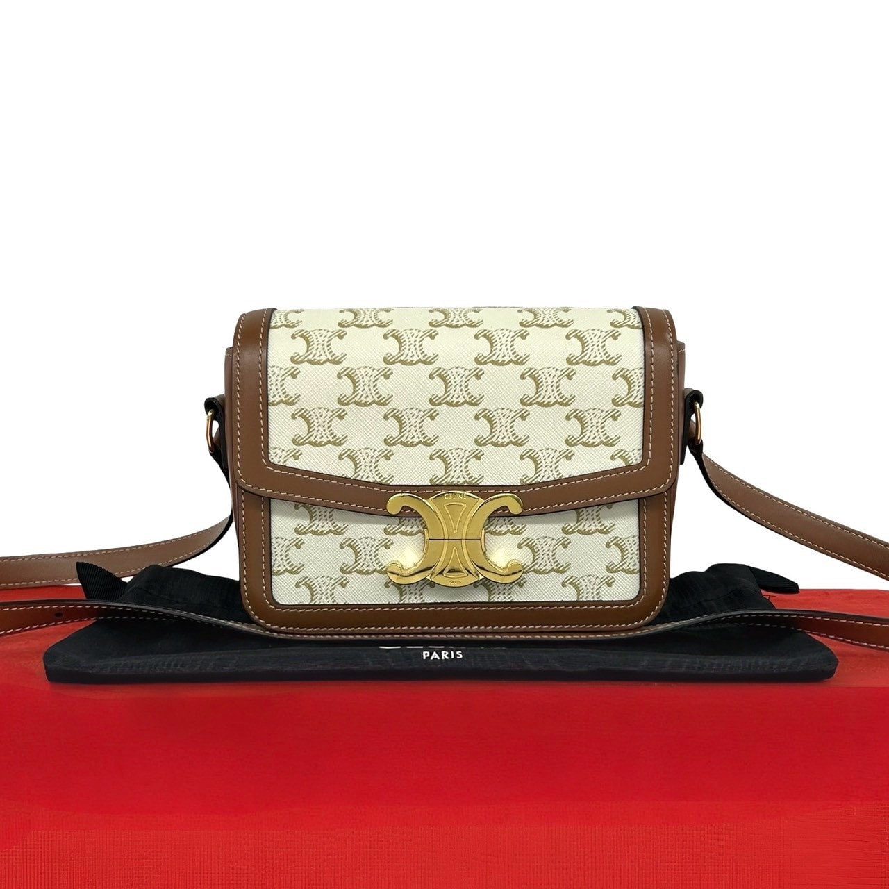 CELINE セリーヌ ティーントリオンフ ロゴ 金具 レザー PVC ショルダーバッグ ブラウン
 86625