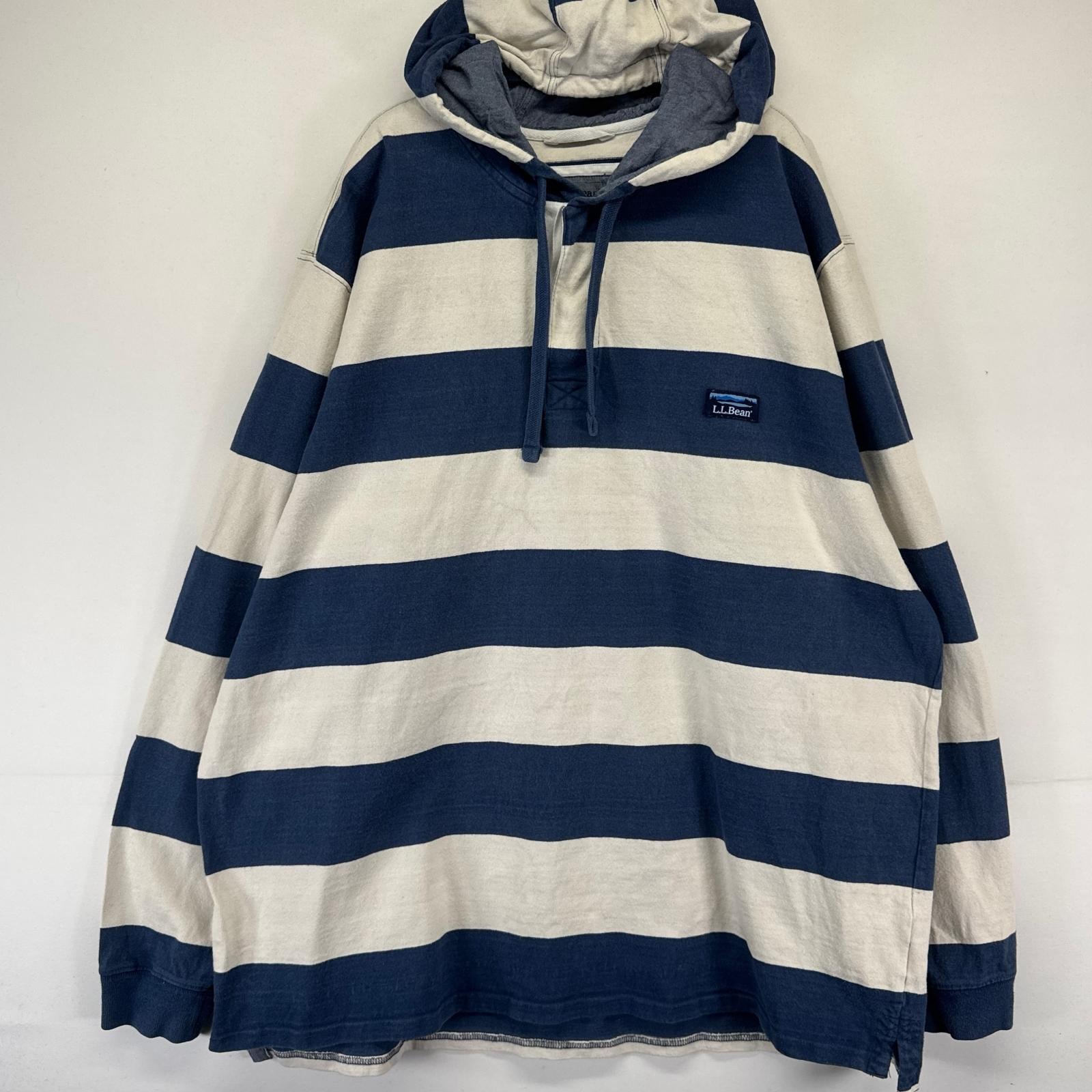 古着 エルエルビーン L.L.Bean パーカー プルオーバー フーディー ラガーシャツ ワンポイントロゴ 2XL  ホワイト系 ボーダー メンズ