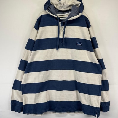 古着 エルエルビーン L.L.Bean パーカー プルオーバー フーディー ラガーシャツ ワンポイントロゴ 2XL ホワイト系 ボーダー メンズ