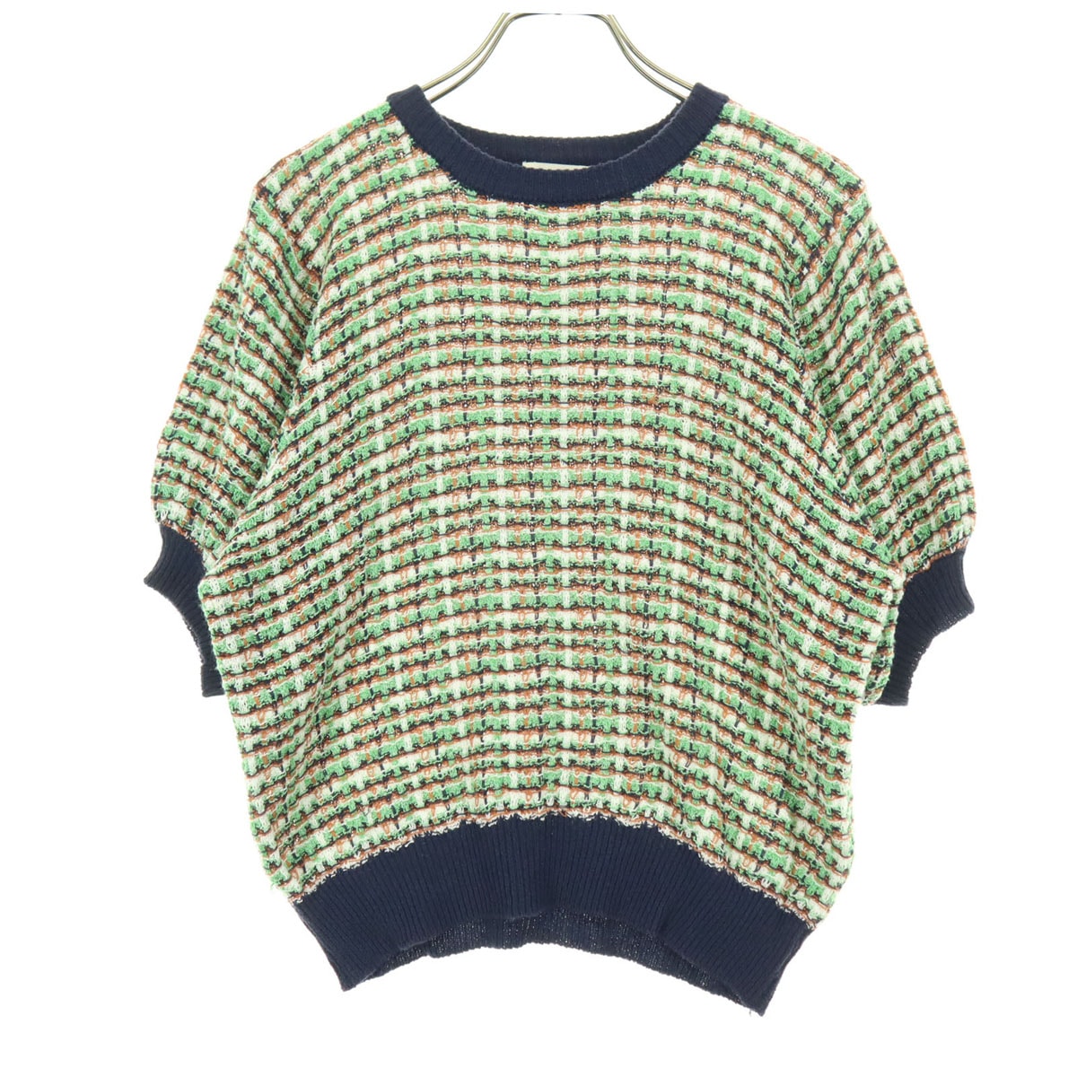BEAMS HEART ビームスハート マルチカラー 半袖 クルーネック ニット ネイビー系