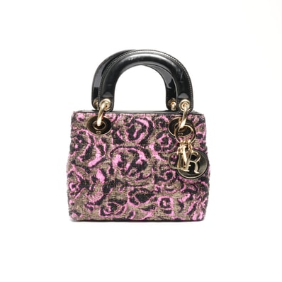 ディオール Dior パテントレザー レディ スモール ローズ ウール ハンドバッグ【中古】