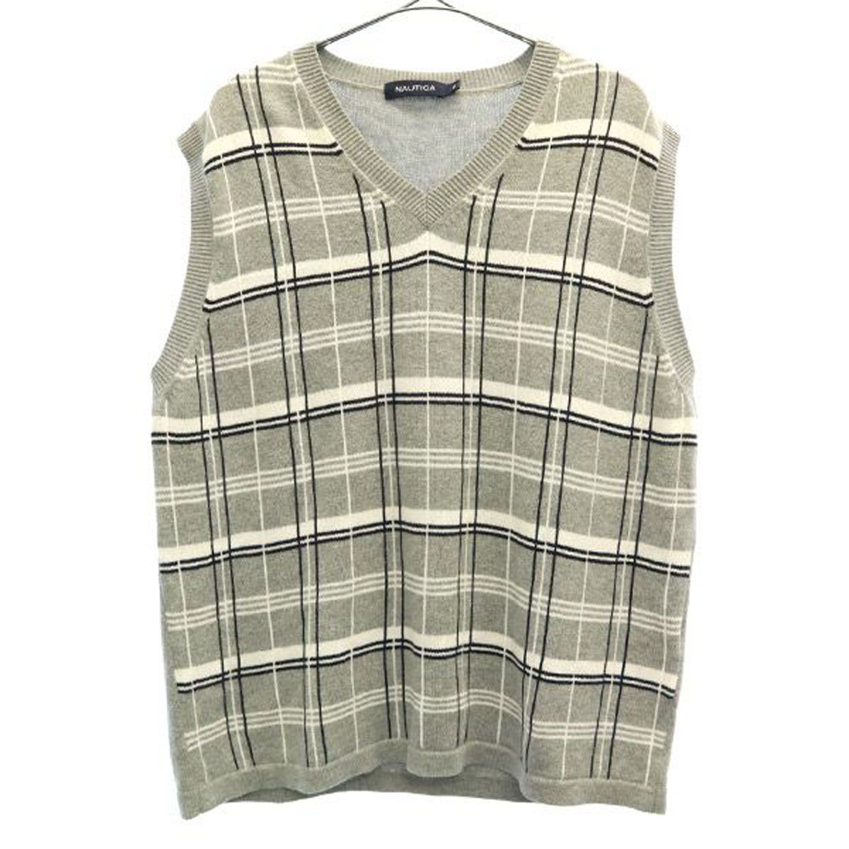 NAUTICA ノーティカ チェック柄 Vネック コットン ニットベスト S グレー系