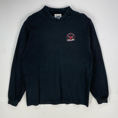 古着 90's/90年代 リー Lee USA製 長袖Tシャツ 刺繍ロゴ モックネック シカゴブルズ ロングスリーブ L ブラック系 メンズ