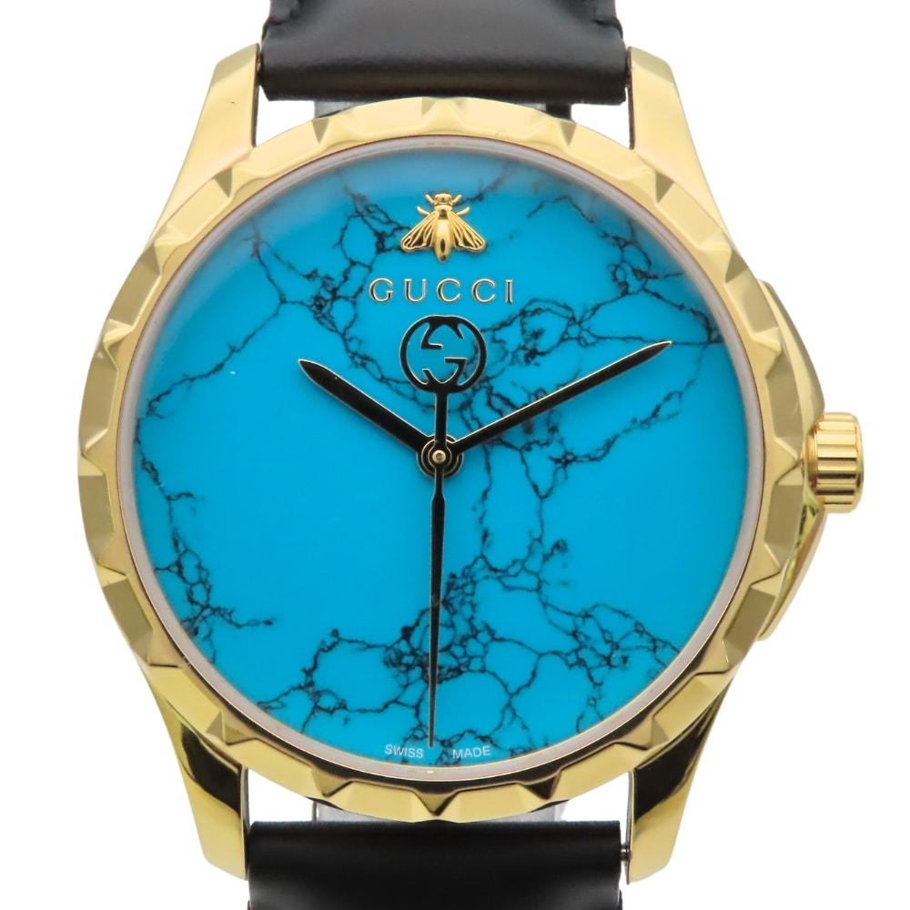 【中古】 グッチ 腕時計 ビー 126.4 ステンレススチール レザー ゴールド ブラック 文字盤ターコイズブルー メンズ 男性 GUCCI