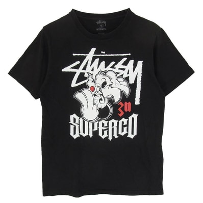 STUSSY ステューシー Tシャツ 30周年記念 × Super Co スーパーコー キャラクタープリント Tシャツ 半袖 カットソー ブラック系 S【中古】