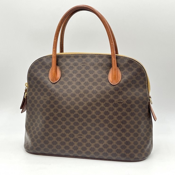 CELINE(セリーヌ)マカダム ヴィンテージ ハンドバッグ ミニボストンバッグ PVC レザー ブラウン ゴールド レディース【中古】
