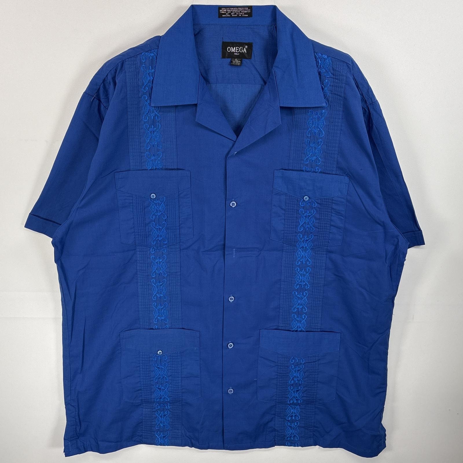 古着 オメガ OMEGA 半袖シャツ キューバシャツ 4つポケ 刺繍 XL ブルー 無地 メンズ
