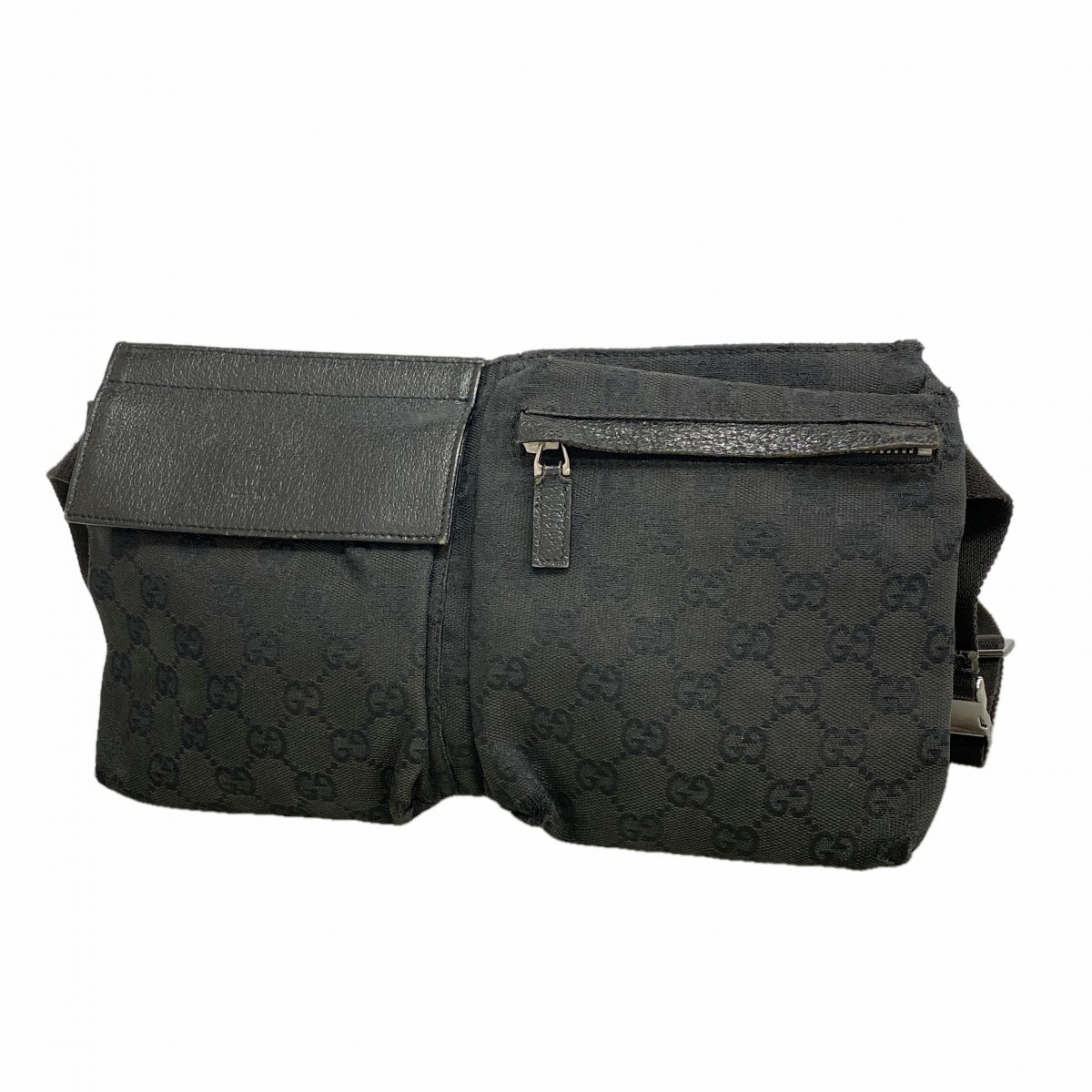 【6fa0629-k】グッチ ウエストバッグ GGキャンバス 28566 キャンバス ブラック シルバー金具【中古】レディース