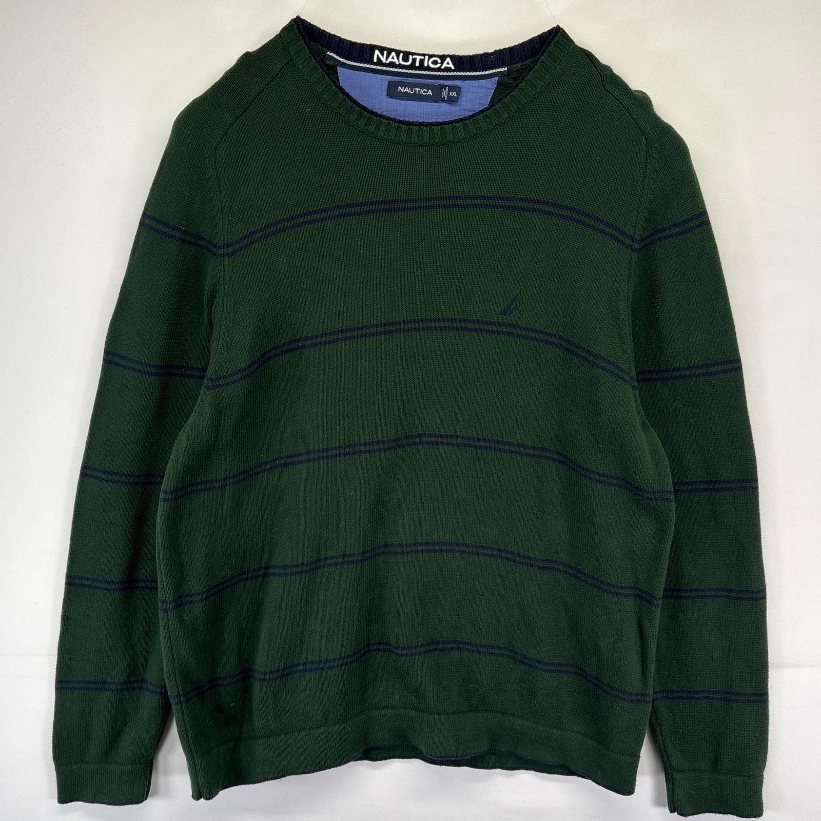 古着 ノーティカ NAUTICA ニット クルーネック ワンポイントロゴ プルオーバー 大きいサイズ 2XL  グリーン系 ボーダー メンズ
