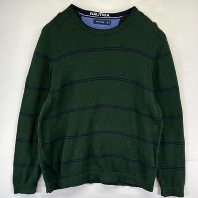 古着 ノーティカ NAUTICA ニット クルーネック ワンポイントロゴ プルオーバー 大きいサイズ 2XL グリーン系 ボーダー メンズ