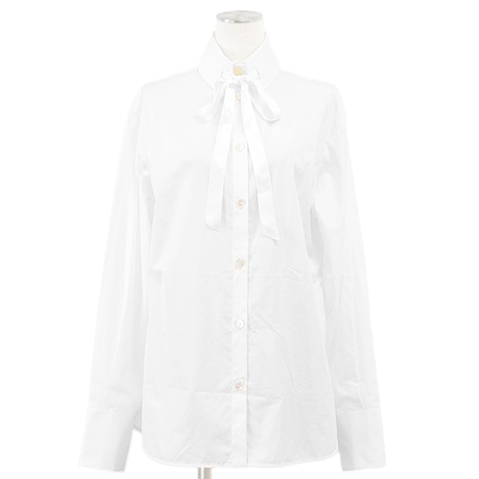 【美品】CHANEL シャネル ブロードシャツ P78962 リボンタイ コットン100% シグネチャー ロゴ ボタン ロングスリーブ 長袖 無地 トップス 袋付属 レディース サイズ 40 ホワイト 白 イタリア製