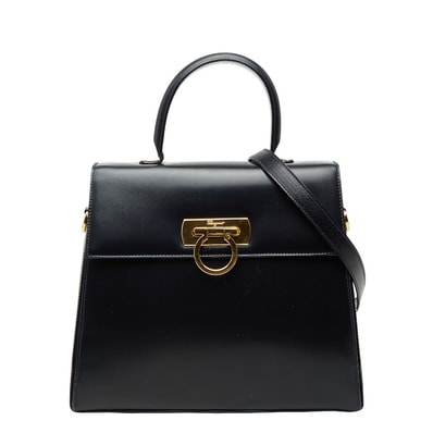 サルヴァトーレフェラガモ ガンチーニ ハンドバッグ ショルダーバッグ 2WAY ネイビー カーフレザー レディース Salvatore Ferragamo 【中古】