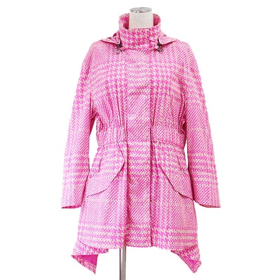 【新品同様】FENDI フェンディ コート ストレッチナイロン デジタルカモ ハウンドトゥース 千鳥格子柄 ミリタリー モッズ レインウェア 撥水性 フード取外可 アウター タグ付属 レディース サイズ 40 ピンク 桃色 イタリア製