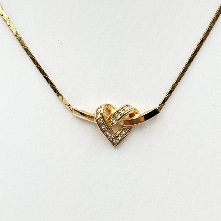 Christian Dior(クリスチャンディオール)ハートモチーフ ラインストーン ネックレス ゴールドカラー CDロゴ チェーン レディース【中古】